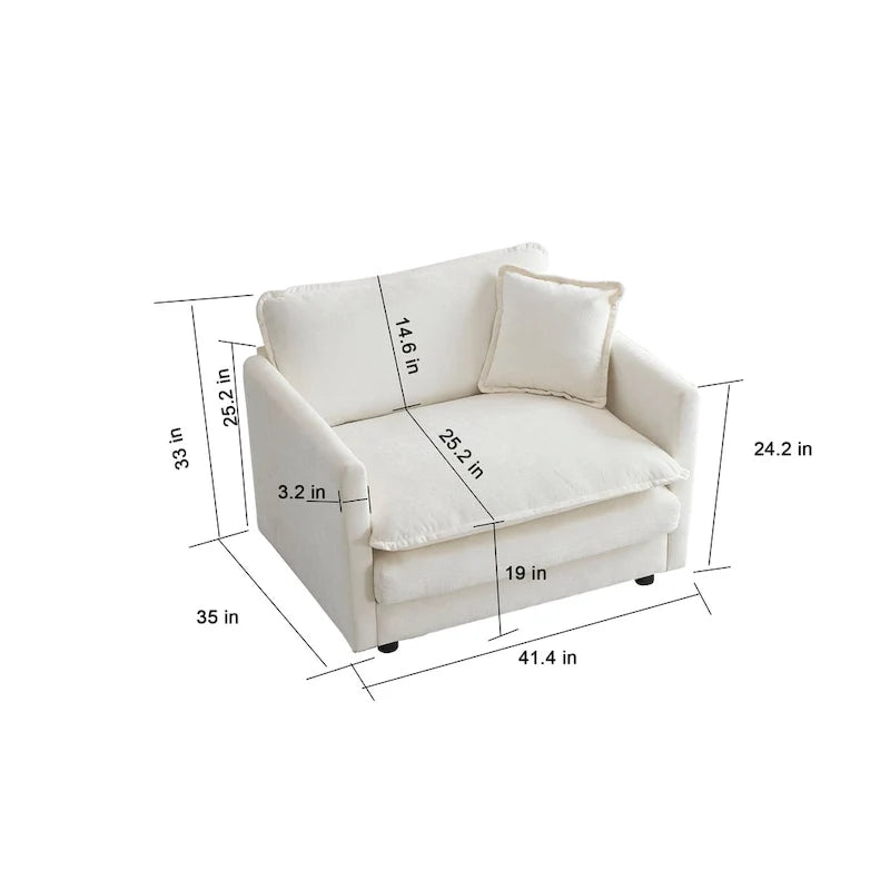 Bequemes tiefes Einsitzer-Sofa, gepolsterter Lesesessel fürs Wohnzimmer, weißer Chenille-Stoff, 1 Zierkissen