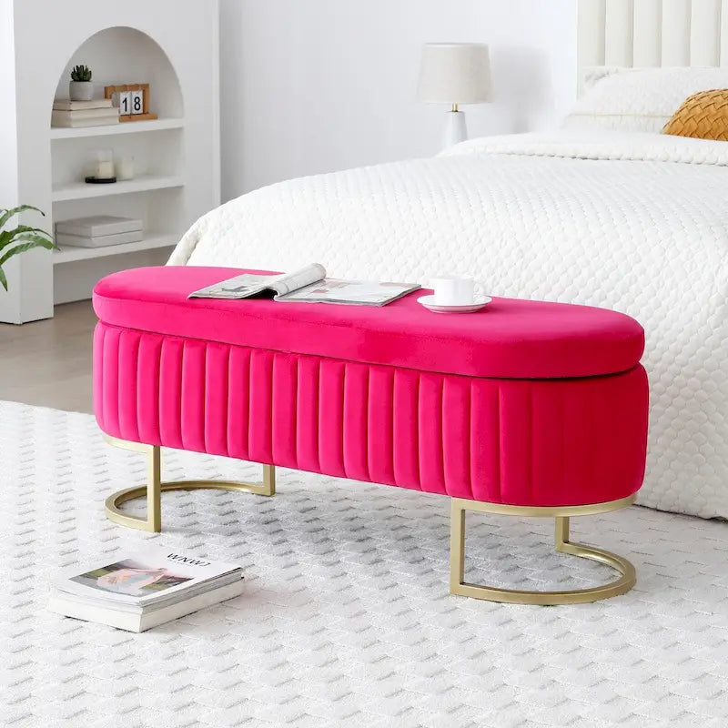 Banc de rangement pour chambre, banc de bout de lit ovale rembourré en velours avec pieds en métal doré, banc ottoman de rangement 50