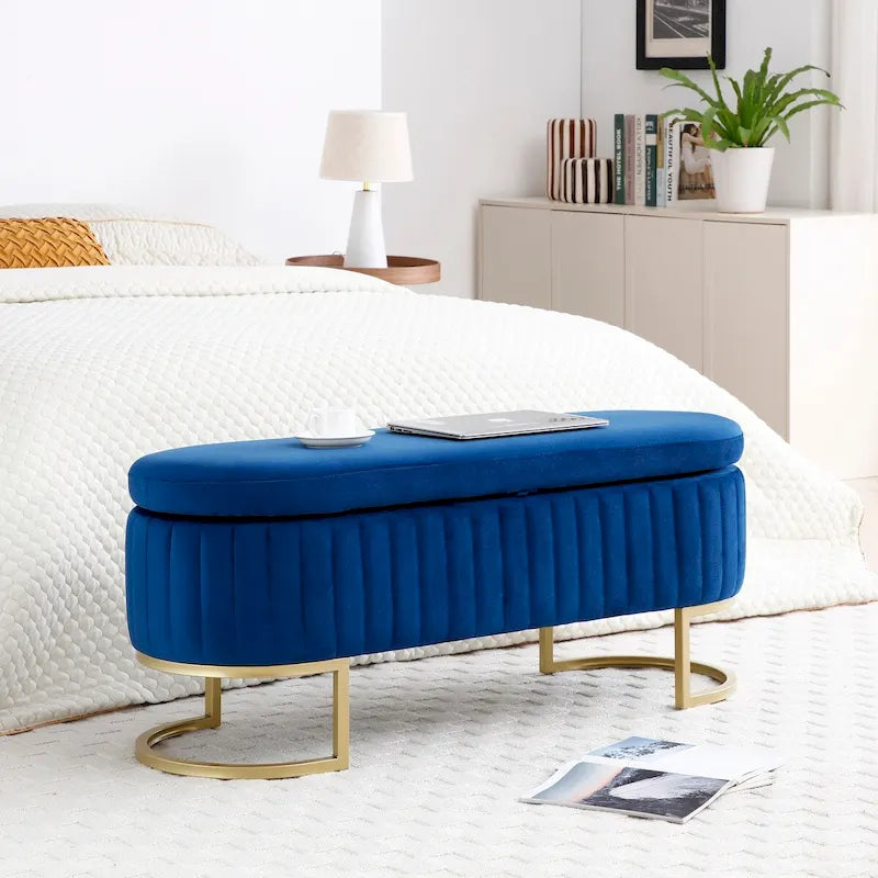Banc de rangement pour chambre, banc de bout de lit ovale rembourré en velours avec pieds en métal doré, banc ottoman de rangement 50