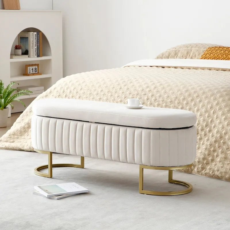 Banc de rangement pour chambre, banc de bout de lit ovale rembourré en velours avec pieds en métal doré, banc ottoman de rangement 50