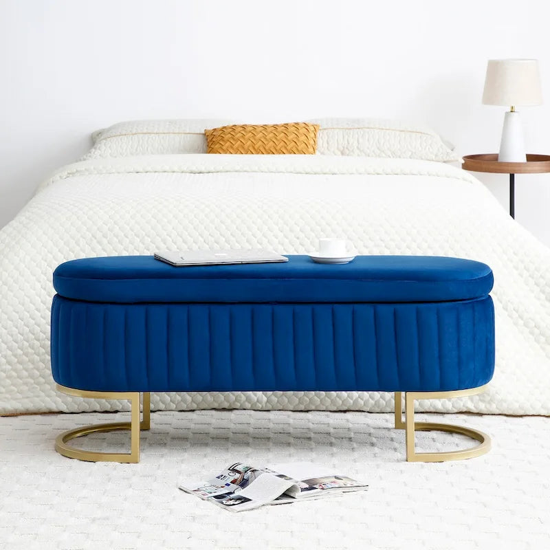 Banc de rangement pour chambre, banc de bout de lit ovale rembourré en velours avec pieds en métal doré, banc ottoman de rangement 50
