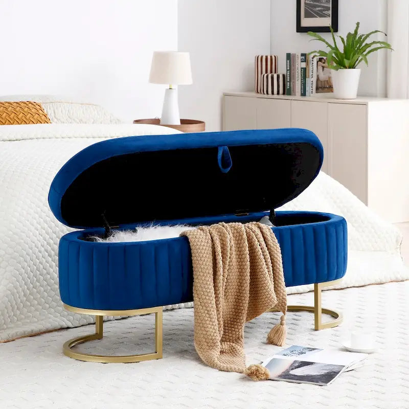 Banc de rangement pour chambre, banc de bout de lit ovale rembourré en velours avec pieds en métal doré, banc ottoman de rangement 50