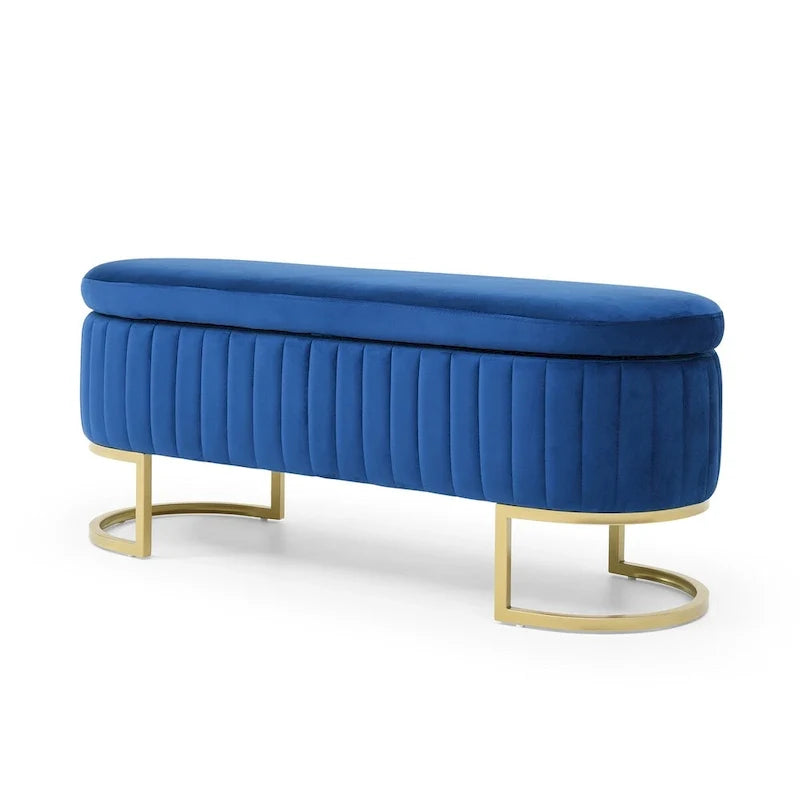 Banc de rangement pour chambre, banc de bout de lit ovale rembourré en velours avec pieds en métal doré, banc ottoman de rangement 50