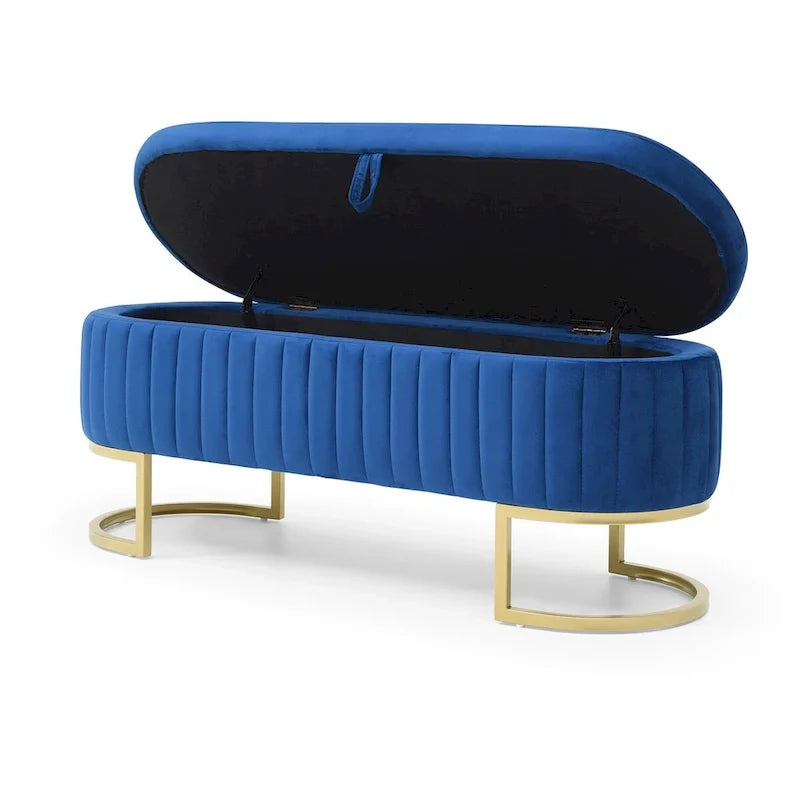 Banc de rangement pour chambre, banc de bout de lit ovale rembourré en velours avec pieds en métal doré, banc ottoman de rangement 50