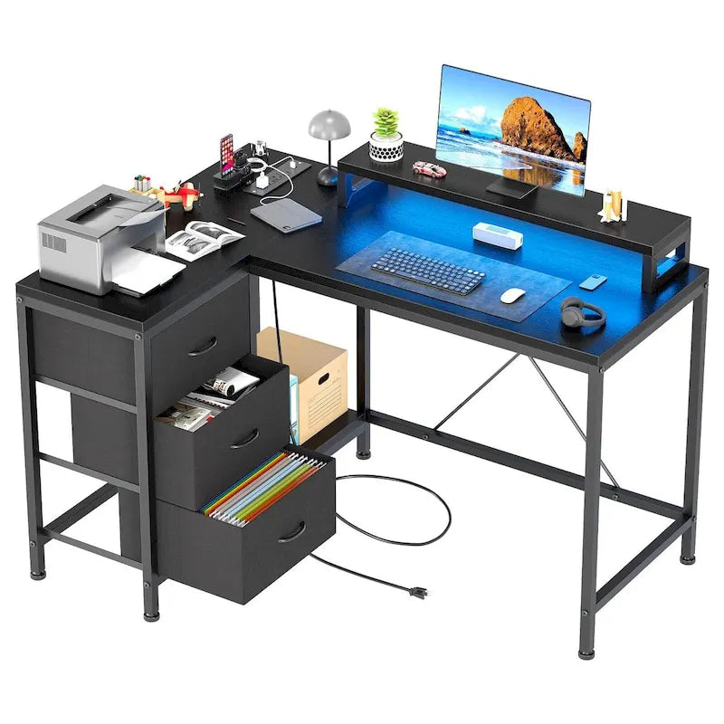 Bureau en forme de L avec prises électriques et éclairage LED