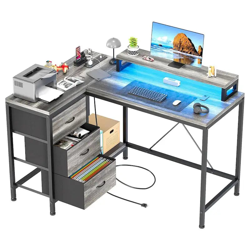 Bureau en forme de L avec prises électriques et éclairage LED