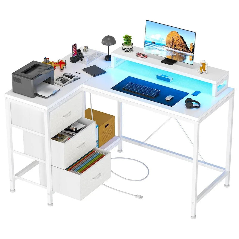 Bureau en forme de L avec prises électriques et éclairage LED