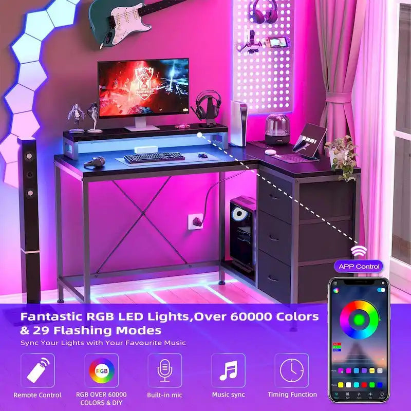 Bureau en forme de L avec prises électriques et éclairage LED