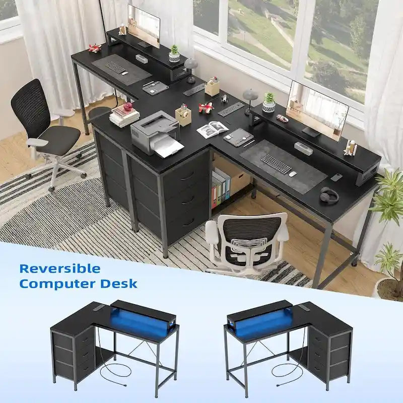 Bureau en forme de L avec prises électriques et éclairage LED