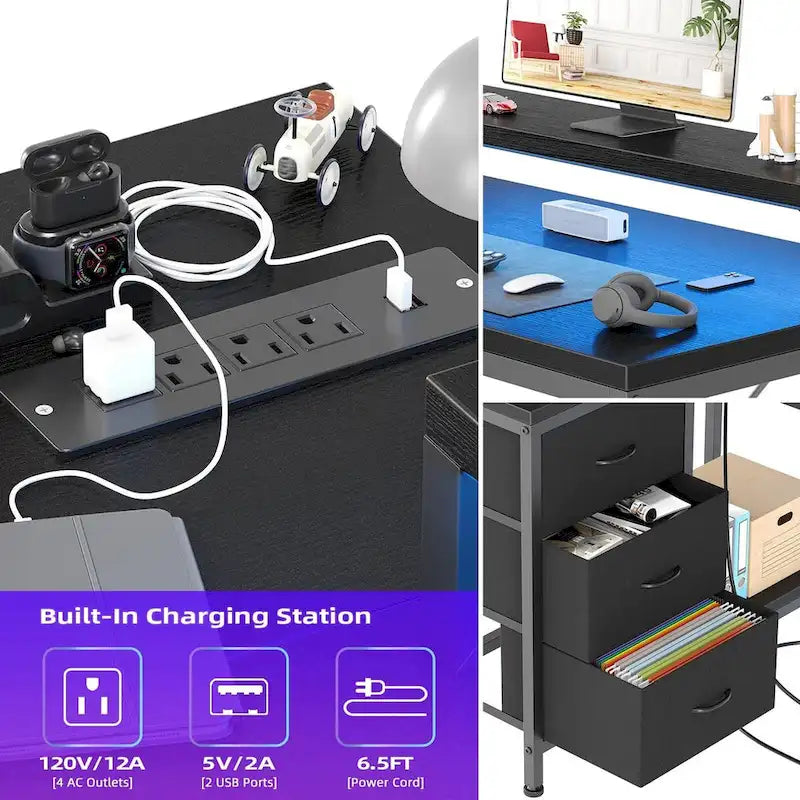 Bureau en forme de L avec prises électriques et éclairage LED