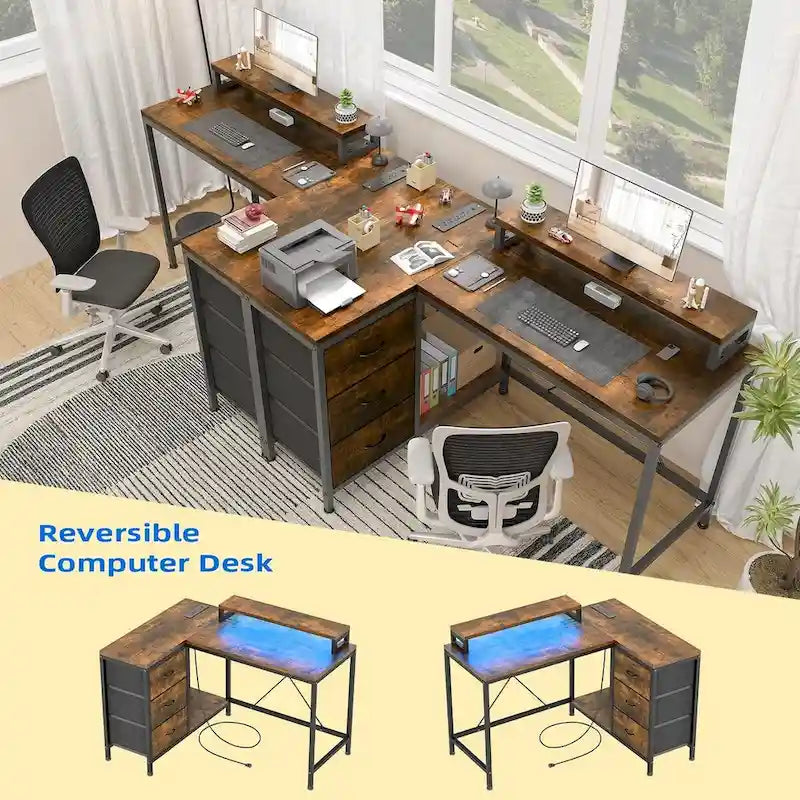 L Shaped Desk with Power Outlets & LED Lights
