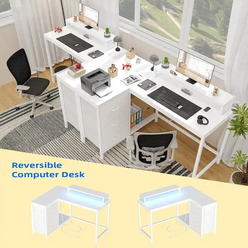 L Shaped Desk with Power Outlets & LED Lights