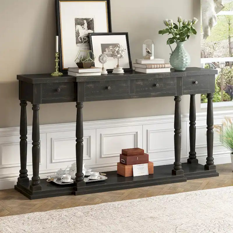 Table console rétro avec 4 tiroirs de rangement à façade avant et 1 tablette