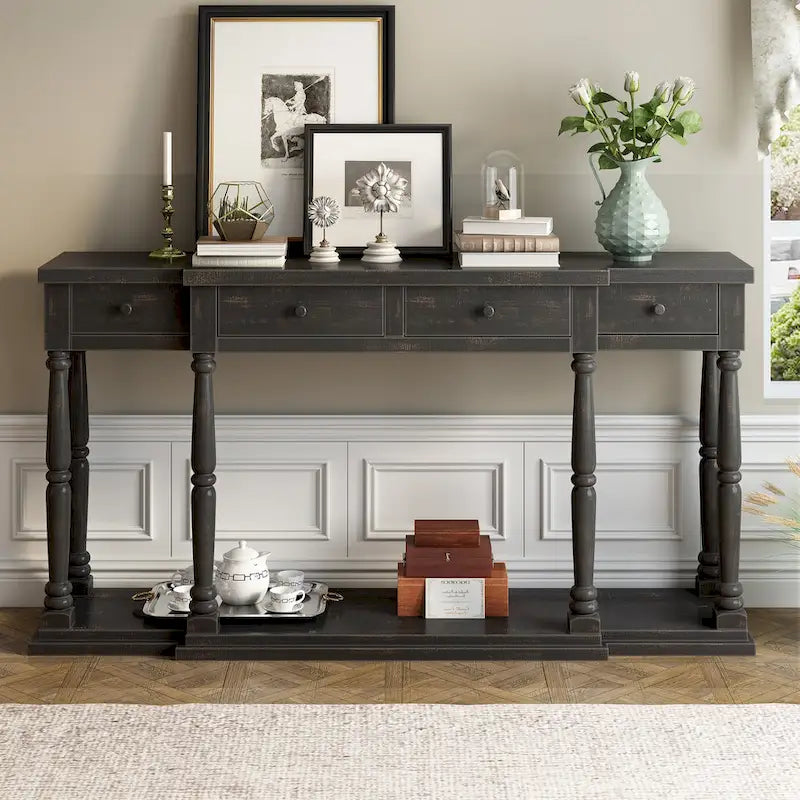 Table console rétro avec 4 tiroirs de rangement à façade avant et 1 tablette