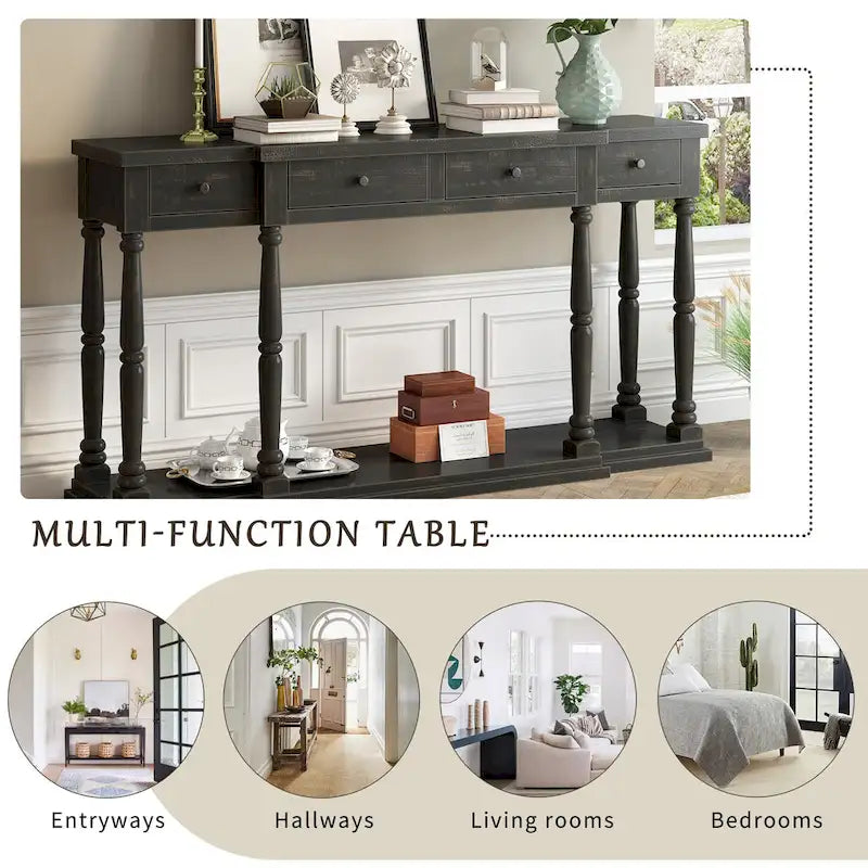 Table console rétro avec 4 tiroirs de rangement à façade avant et 1 tablette