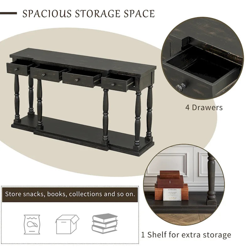 Table console rétro avec 4 tiroirs de rangement à façade avant et 1 tablette