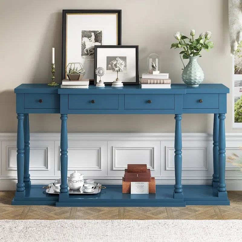 Table console rétro avec 4 tiroirs de rangement à façade avant et 1 tablette