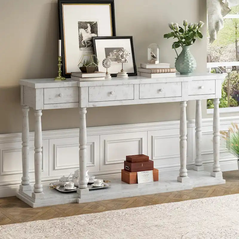 Table console rétro avec 4 tiroirs de rangement à façade avant et 1 tablette