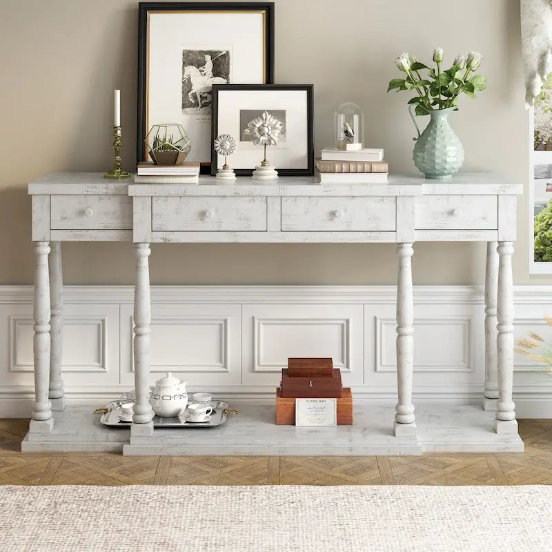 Table console rétro avec 4 tiroirs de rangement à façade avant et 1 tablette
