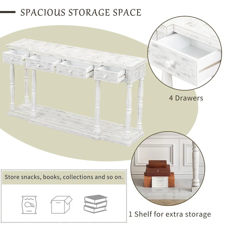 Table console rétro avec 4 tiroirs de rangement à façade avant et 1 tablette