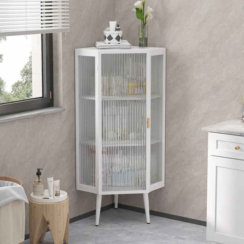 Armoire d’angle au sol, 3 niveaux avec portes en verre trempé et tablettes de rangement
