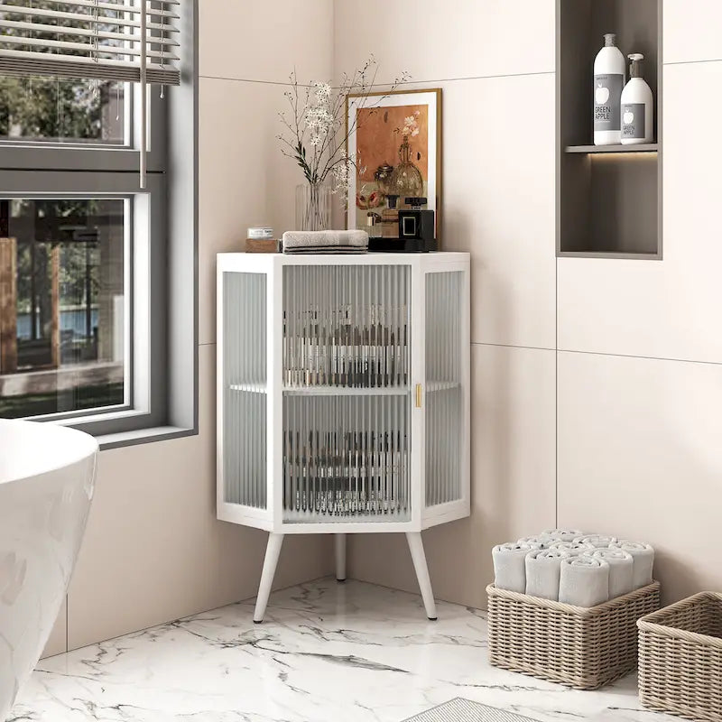 Armoire d’angle au sol, 3 niveaux avec portes en verre trempé et tablettes de rangement