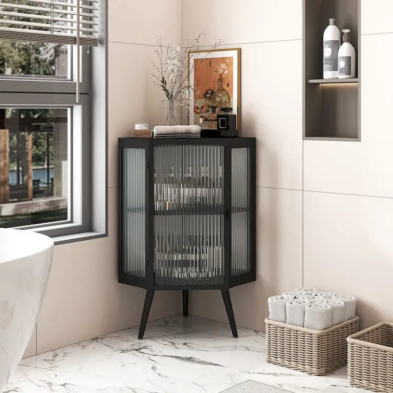 Armoire d’angle au sol, 3 niveaux avec portes en verre trempé et tablettes de rangement