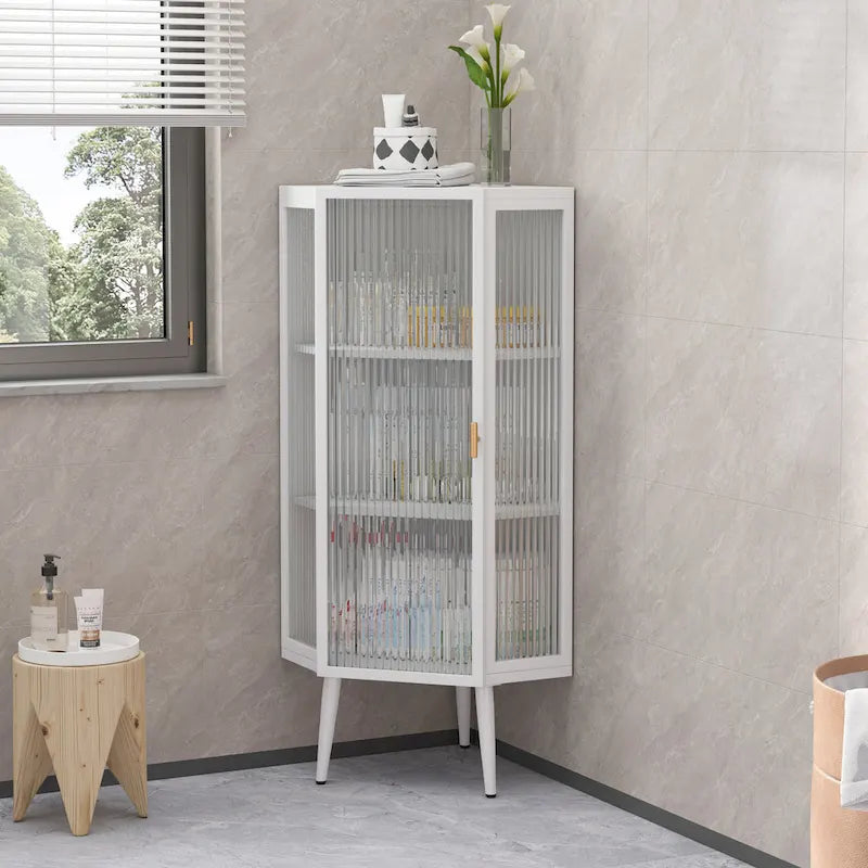 Armoire d’angle au sol, 3 niveaux avec portes en verre trempé et tablettes de rangement