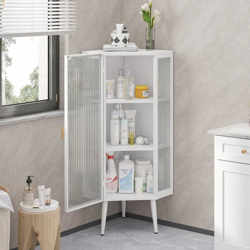 Armoire d’angle au sol, 3 niveaux avec portes en verre trempé et tablettes de rangement