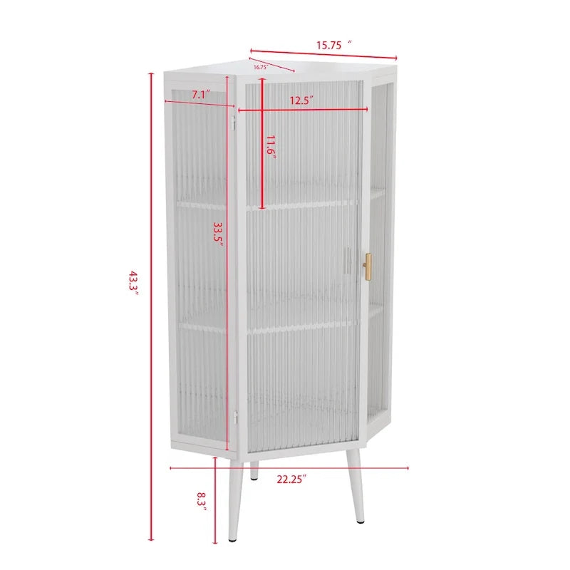 Armoire d’angle au sol, 3 niveaux avec portes en verre trempé et tablettes de rangement
