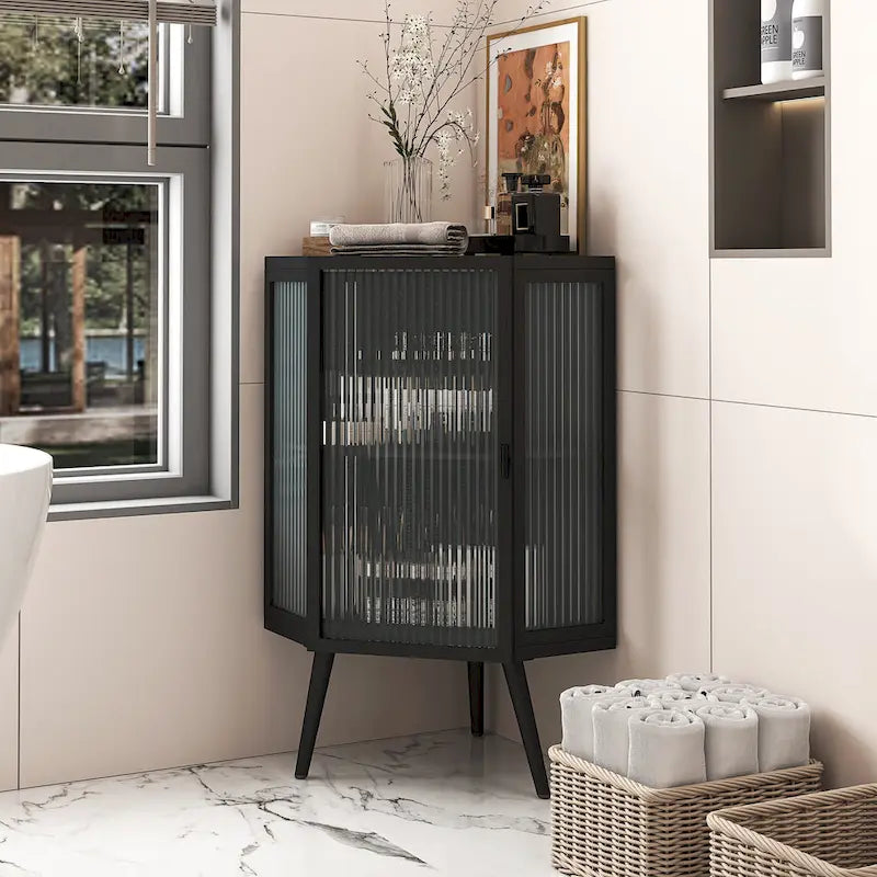 Armoire d’angle au sol, 3 niveaux avec portes en verre trempé et tablettes de rangement