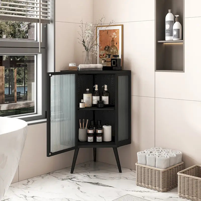 Armoire d’angle au sol, 3 niveaux avec portes en verre trempé et tablettes de rangement