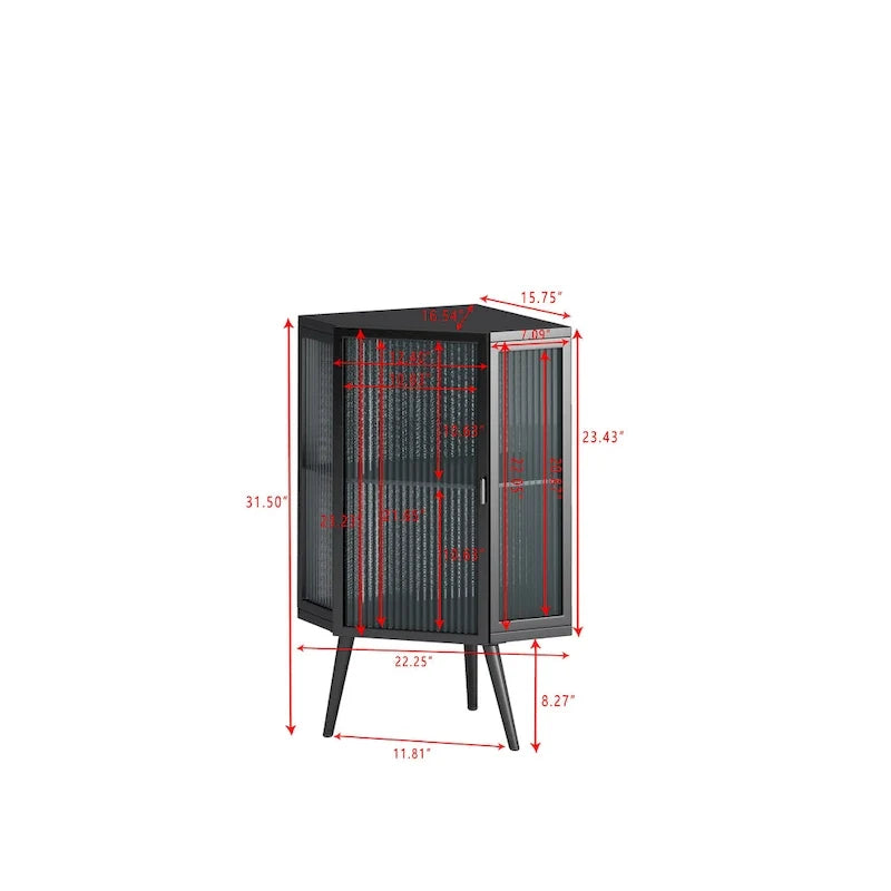 Armoire d’angle au sol, 3 niveaux avec portes en verre trempé et tablettes de rangement