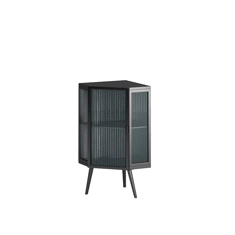 Armoire d’angle au sol, 3 niveaux avec portes en verre trempé et tablettes de rangement