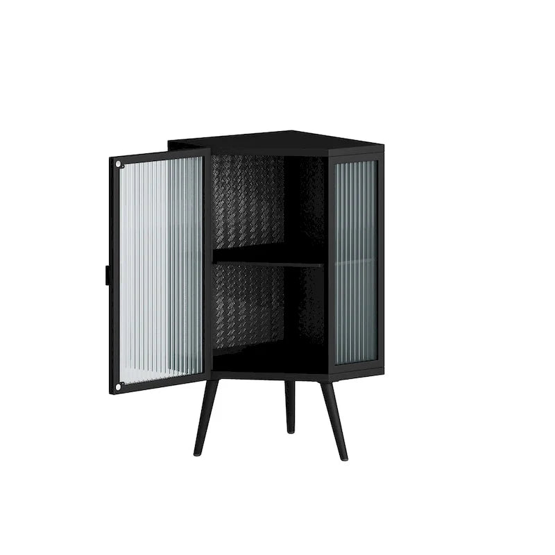 Armoire d’angle au sol, 3 niveaux avec portes en verre trempé et tablettes de rangement