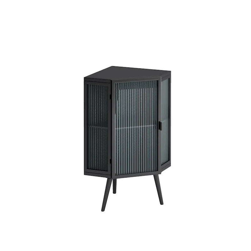 Armoire d’angle au sol, 3 niveaux avec portes en verre trempé et tablettes de rangement