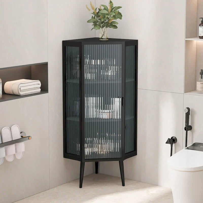 Armoire d’angle au sol, 3 niveaux avec portes en verre trempé et tablettes de rangement