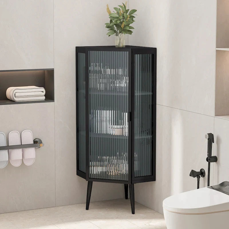 Armoire d’angle au sol, 3 niveaux avec portes en verre trempé et tablettes de rangement