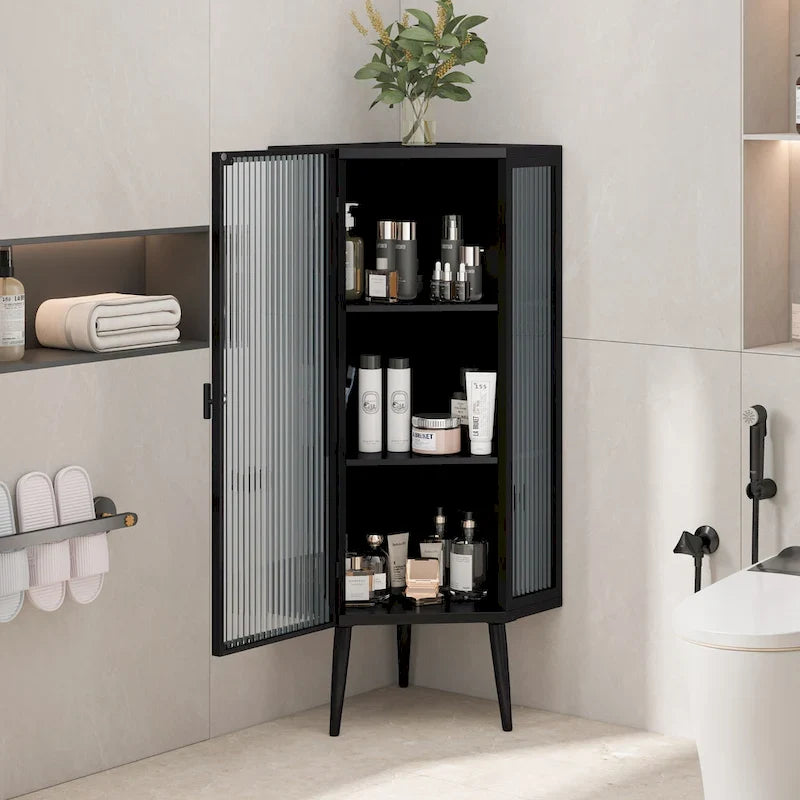 Armoire d’angle au sol, 3 niveaux avec portes en verre trempé et tablettes de rangement