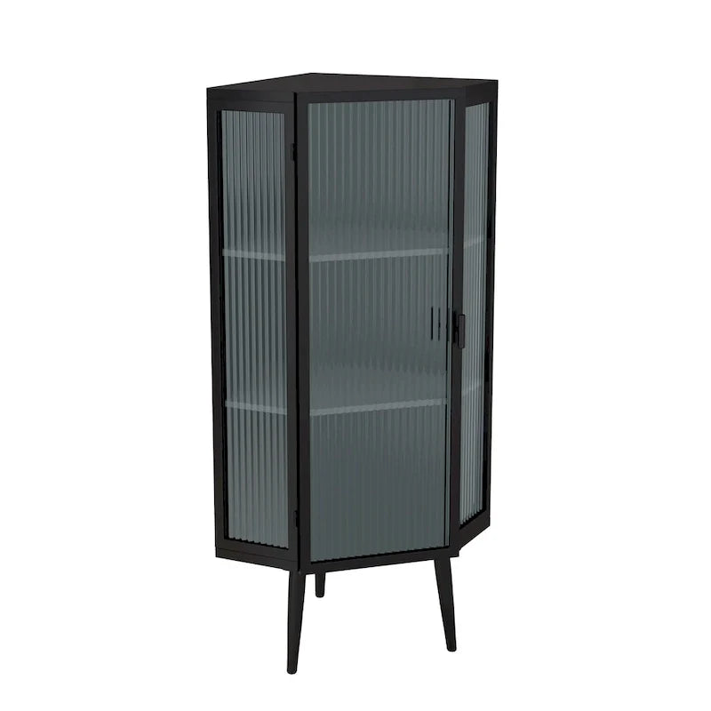 Armoire d’angle au sol, 3 niveaux avec portes en verre trempé et tablettes de rangement