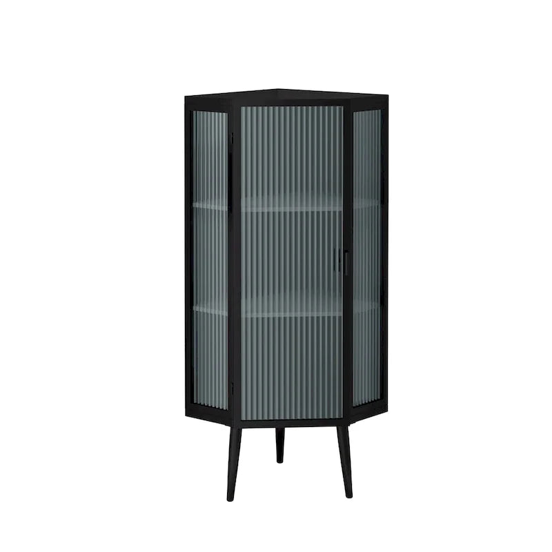 Armoire d’angle au sol, 3 niveaux avec portes en verre trempé et tablettes de rangement