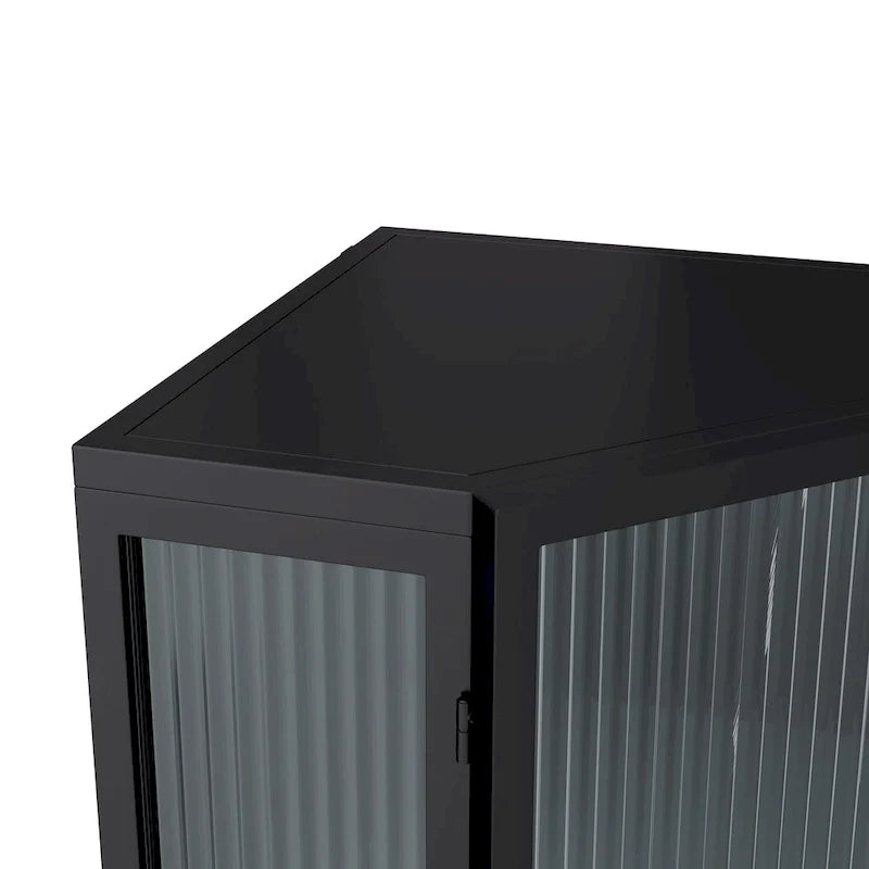 Armoire d’angle au sol, 3 niveaux avec portes en verre trempé et tablettes de rangement