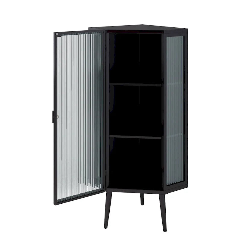Armoire d’angle au sol, 3 niveaux avec portes en verre trempé et tablettes de rangement