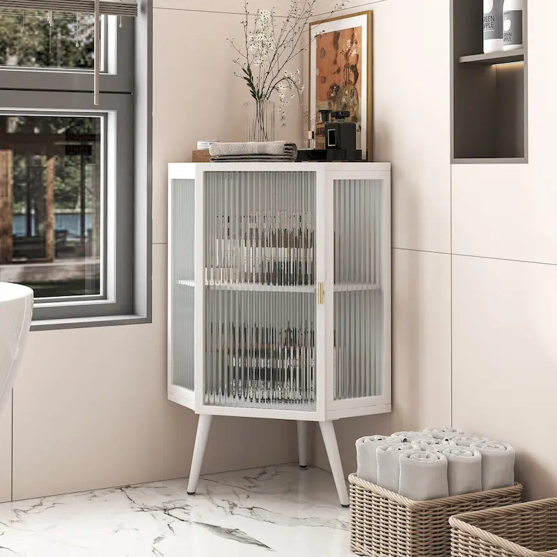 Armoire d’angle au sol, 3 niveaux avec portes en verre trempé et tablettes de rangement