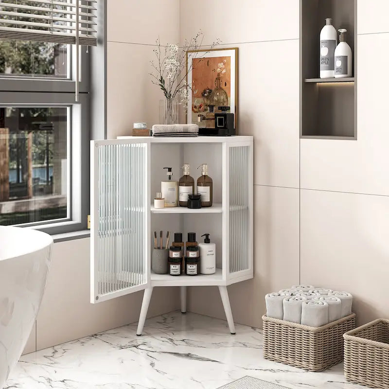 Armoire d’angle au sol, 3 niveaux avec portes en verre trempé et tablettes de rangement