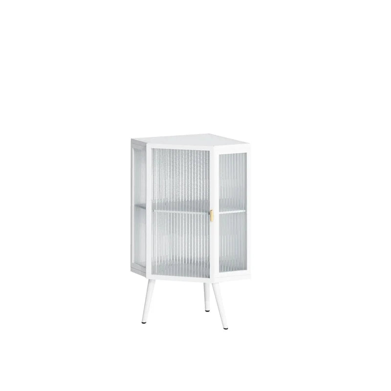 Armoire d’angle au sol, 3 niveaux avec portes en verre trempé et tablettes de rangement