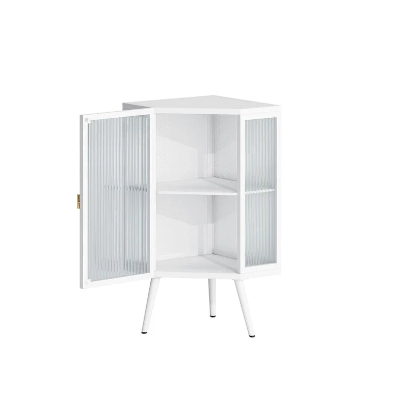 Armoire d’angle au sol, 3 niveaux avec portes en verre trempé et tablettes de rangement