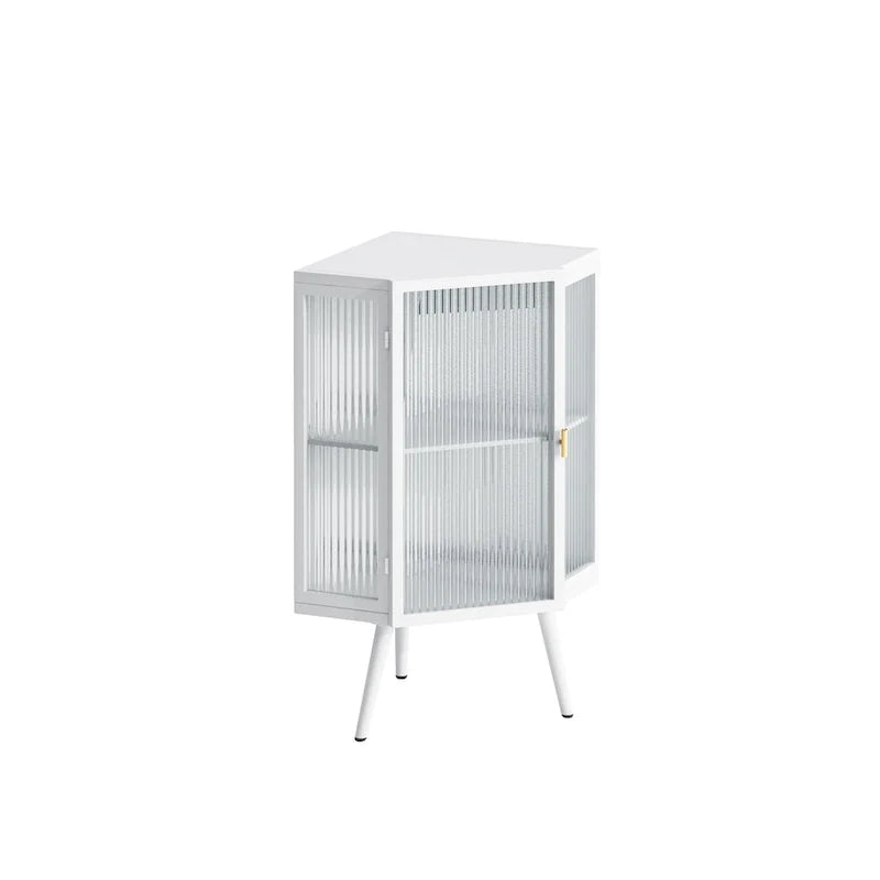 Armoire d’angle au sol, 3 niveaux avec portes en verre trempé et tablettes de rangement